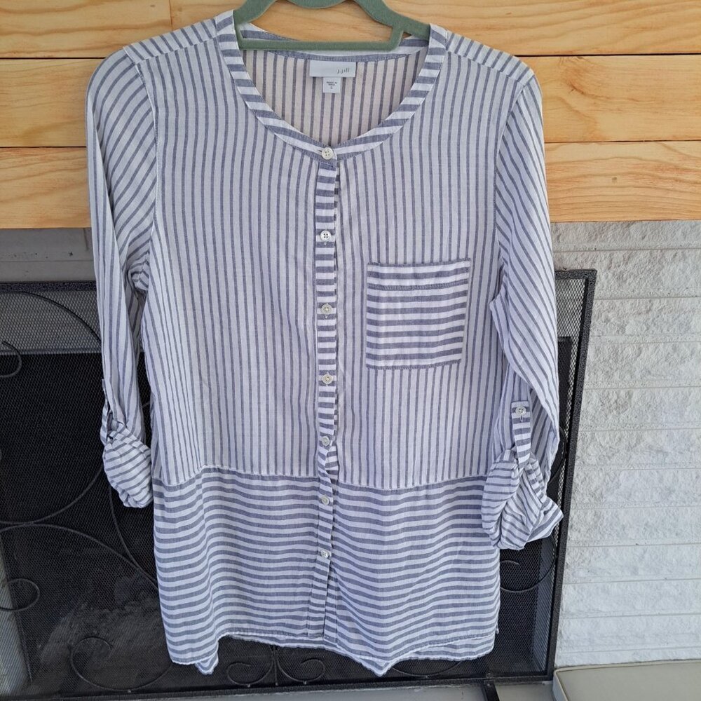 J. Jill Blue White Mixed Direction Stripe Top Tunic Blouse Shirt Small Roll Slee - Picture 1 of 10